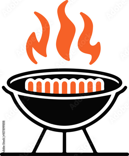 Vector Illustration of a Charcoal Grill with Flames and Sausages, Perfect for BBQ Themes or Cooking Materials