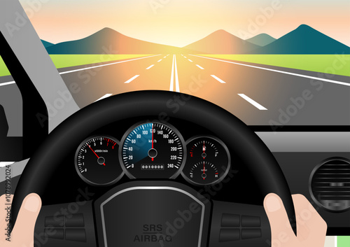 Man Driving Inside a Car with High Speed in Speedometer. Tachometer or Odometer Display. Vector Illustration.