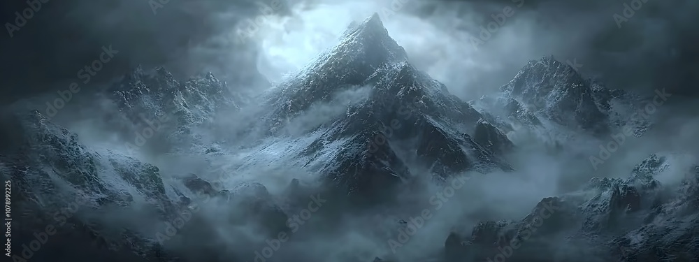 Obraz premium A dark and gloomy mountain range, covered in snow with mist swirling around it
