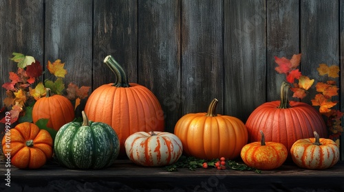 A vibrant display of various pumpkins and gourds in autumn colors against a rustic wooden backdrop.