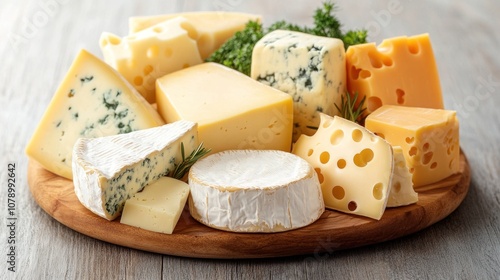 A variety of cheeses on a wooden cutting board. photo