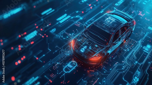 Futuristic car with digital circuitry overlay.