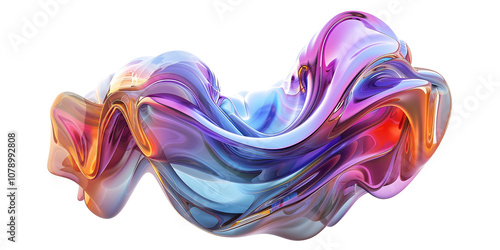 A vibrant, abstract 3D fluid form with dynamic waves and swirling gradients of purple, blue, and orange, creating a smooth, flowing, and futuristic design