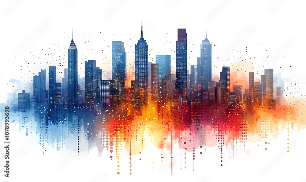 Fototapeta premium A city skyline with a red, orange, and blue gradient