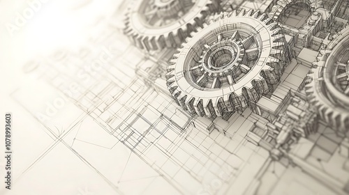Metallic gears resting on a blueprint with a bright light shining from the top right corner.