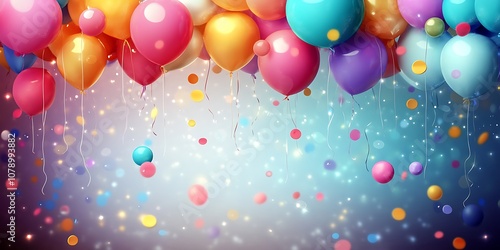 A birthday background with balloons, gifts, and confetti on a blue background. 