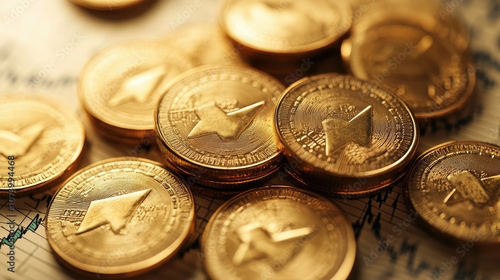 Gold coins with a rising arrow on financial graph Gold coins with a rising arrow on financial graph