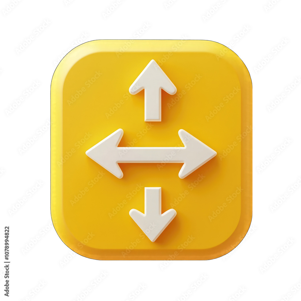 App icon, a yellow square with white arrows in the middle and two circles around them, in a 3D design, isolated on cutout PNG white background App icon, a yellow square with white arrows in the middle and two circles around them, in a 3D design, isolated on cutout PNG white background