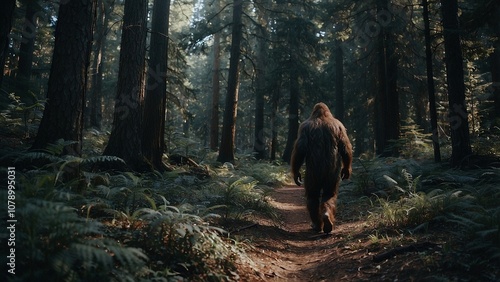 Photo of Bigfoot in a forest. Illustration of a Sasquatch from behind. Yeti in the woods