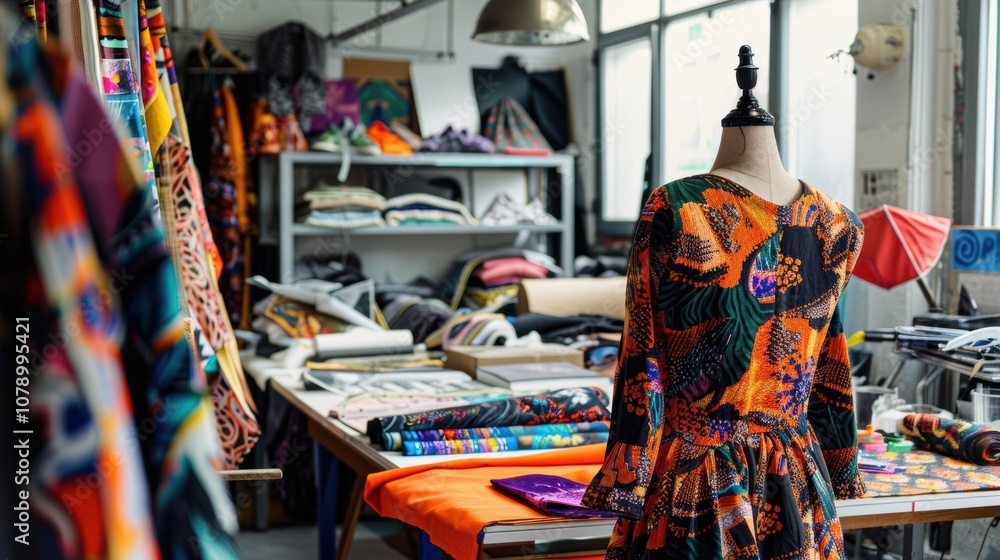 Naklejka premium Fashion Designer's Studio: Creative Workspace for Runway Show Preparation and Design Inspiration