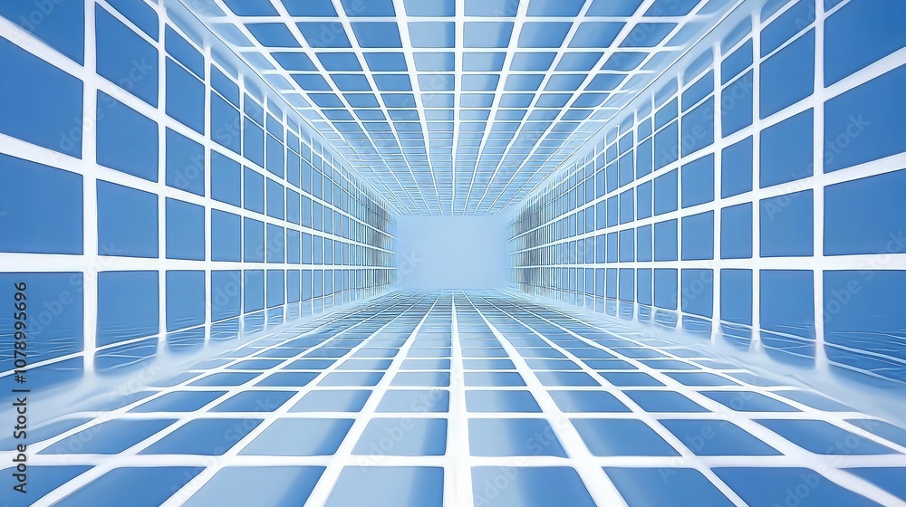 Obraz premium Abstract perspective view of a grid structure with a bright light at the end of the tunnel.