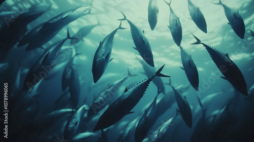 school of tuna swimming in deep ocean sea water