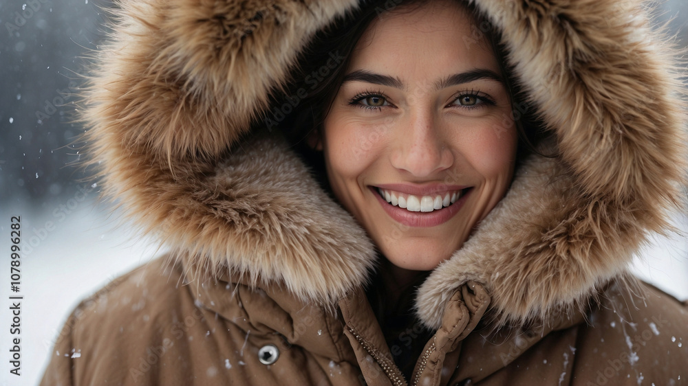 Smiling Woman in Fur-Lined Hood Amid Snowy Winter Scene Smiling Woman in Fur-Lined Hood Amid Snowy Winter Scene