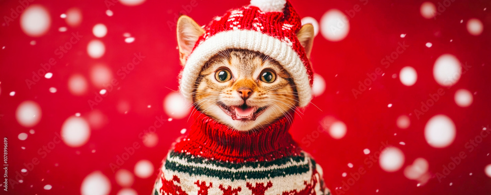 A cat in a Christmas sweater and Christmas hat sitting on a red Christmas background with space for text, Merry Christmas and New Year concept A cat in a Christmas sweater and Christmas hat sitting on a red Christmas background with space for text, Merry Christmas and New Year concept