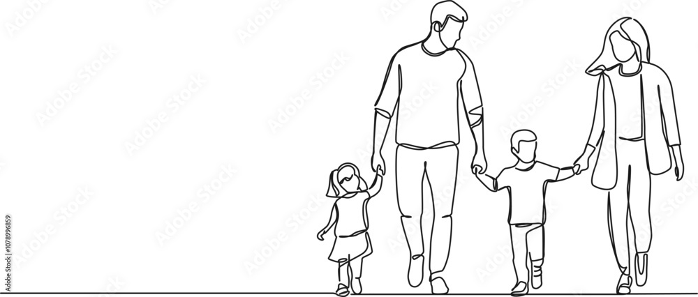 continuous single line drawing of mom and dad with two kids walking hand in hand, line art vector illustration continuous single line drawing of mom and dad with two kids walking hand in hand, line art vector illustration