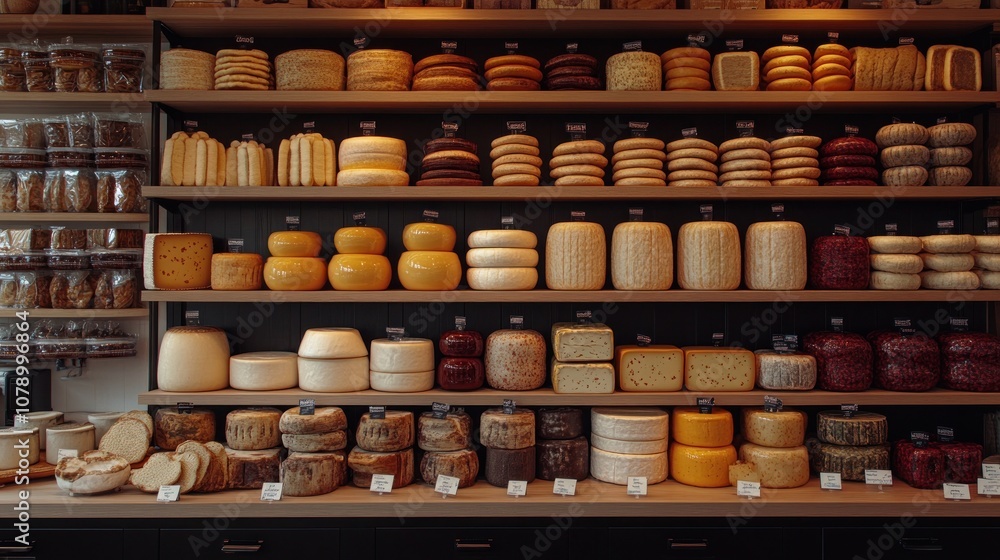 A well-stocked cheese shop with a variety of cheeses on display. A well-stocked cheese shop with a variety of cheeses on display.
