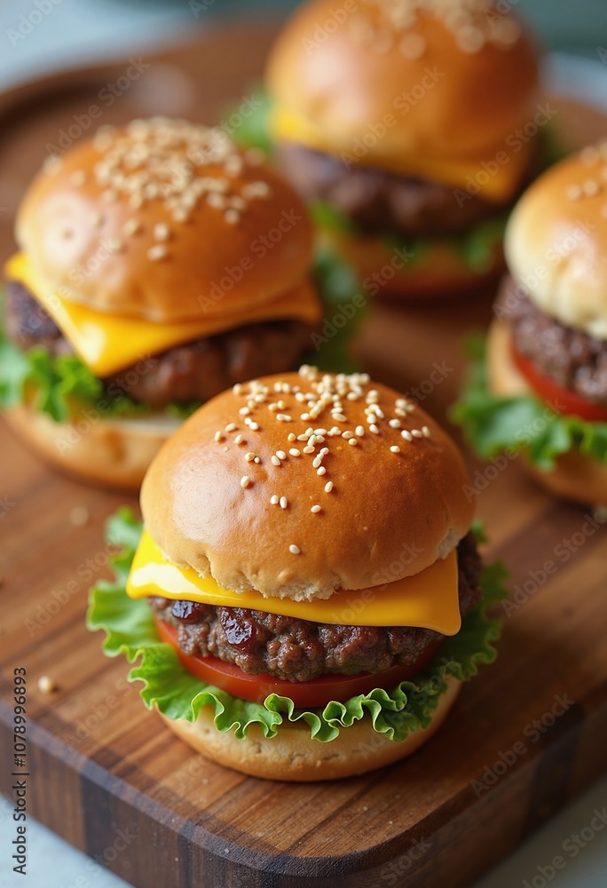 Mini cheeseburgers on wooden board for food blogs, menu design, party catering ads, BBQ event promotions, and summer picnic inspiration (190 characters) Mini cheeseburgers on wooden board for food blogs, menu design, party catering ads, BBQ event promotions, and summer picnic inspiration (190 characters)