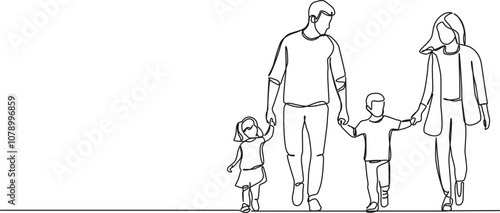 continuous single line drawing of mom and dad with two kids walking hand in hand, line art vector illustration