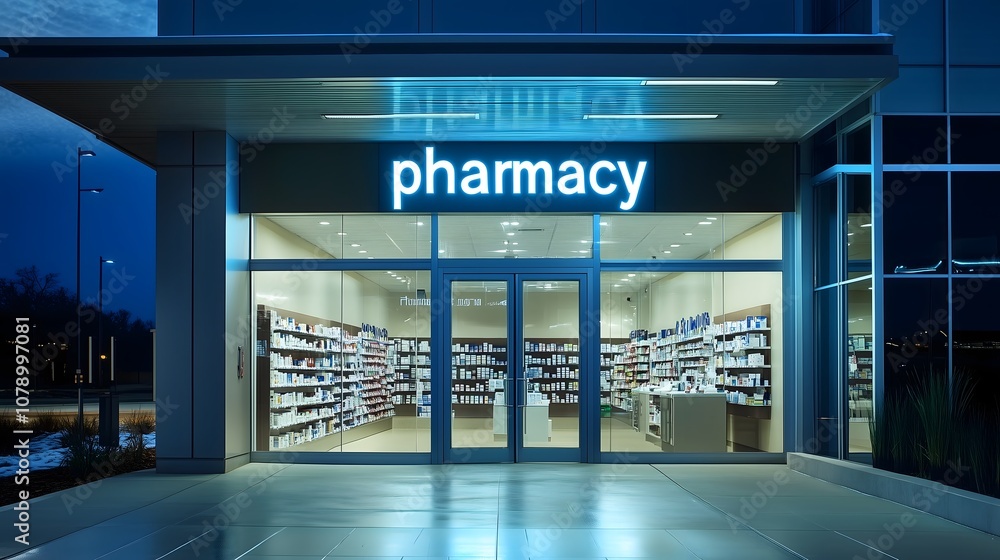 custom made wallpaper toronto digitalModern pharmacy storefront at night with bright lights, Vintage-style pharmacy sign on urban storefront, Pharmacy entrance showcasing health services