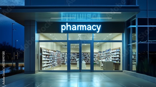 Modern pharmacy storefront at night with bright lights, Vintage-style pharmacy sign on urban storefront, Pharmacy entrance showcasing health services