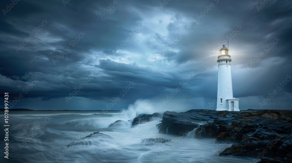 Lighthouse Amidst Stormy Waves: Symbol of Resilience and Guidance on Rocky Coastline Lighthouse Amidst Stormy Waves: Symbol of Resilience and Guidance on Rocky Coastline