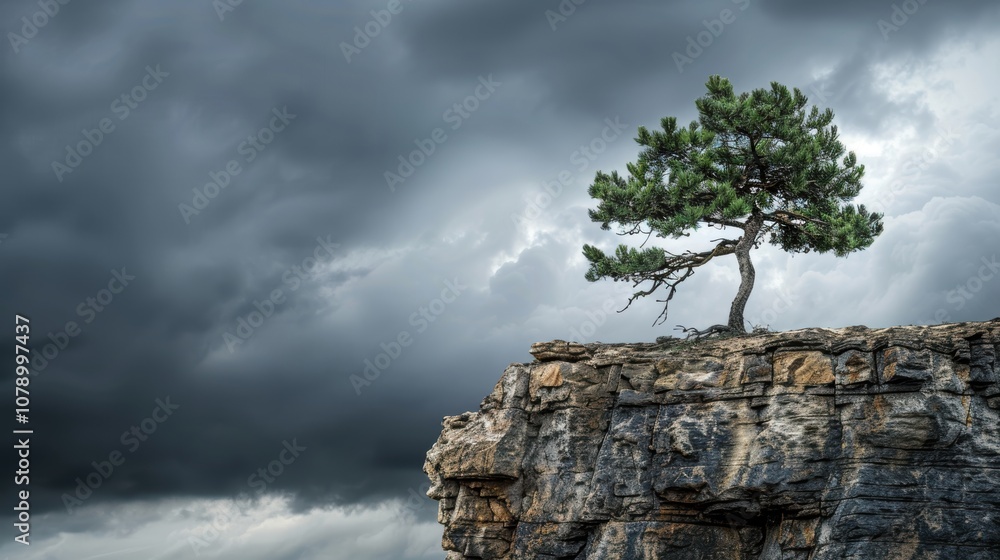 Fototapeta premium Perseverance and Strength: Lone Tree with Deep Roots on Cliff Against Stormy Skies