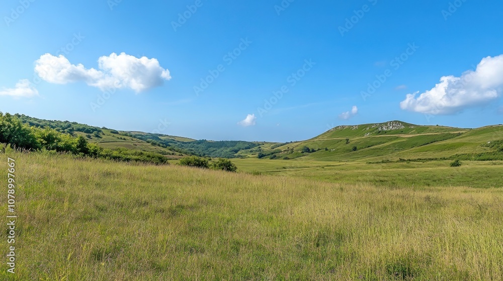 A serene landscape featuring rolling hills under a clear blue sky with scattered clouds. A serene landscape featuring rolling hills under a clear blue sky with scattered clouds.