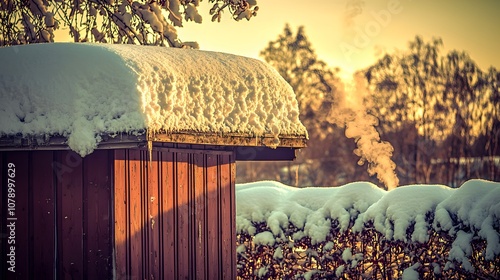 Fényképezés Snow-Covered Shack: A ramshackle wooden hut stands against a snowy backdrop