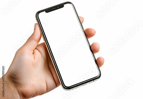 Hand holding a gold smartphone with a blank screen isolated on white background. photo