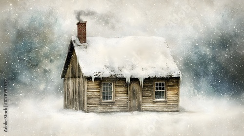 Konstfotografi Snow-Covered Shack: A ramshackle wooden hut stands against a snowy backdrop