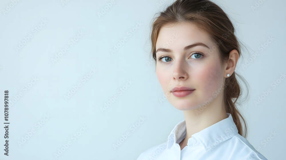 Portrait of young female healthcare worker, Close-up of serious woman in medical attire, Confident woman in white lab coat Portrait of young female healthcare worker, Close-up of serious woman in medical attire, Confident woman in white lab coat
