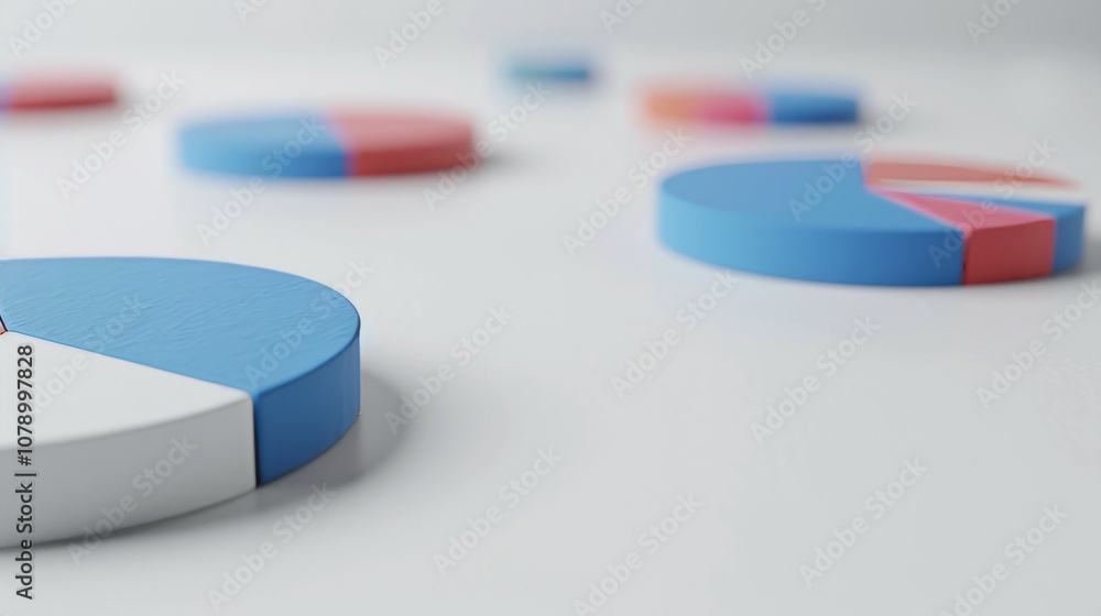 Fototapeta premium Close-up of colorful pie charts on white background, representing data, statistics, and analysis.