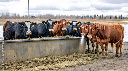 Snowbound Farm Animals: Cows and horses gather around a feeding trough, their breath visible in the frigid air. Their survival depends on the farmer’s care.  photo