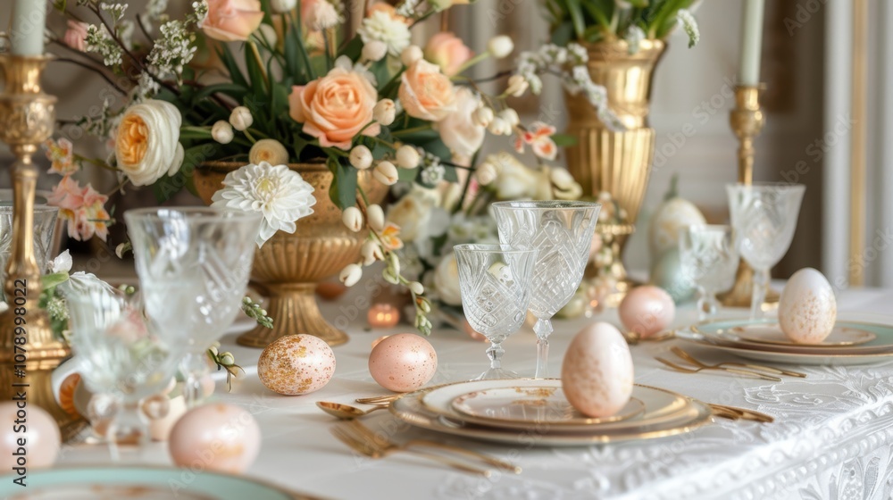 Elegant Easter Table Setting with Floral Arrangements and Decorative Eggs for Holiday Brunch Elegant Easter Table Setting with Floral Arrangements and Decorative Eggs for Holiday Brunch