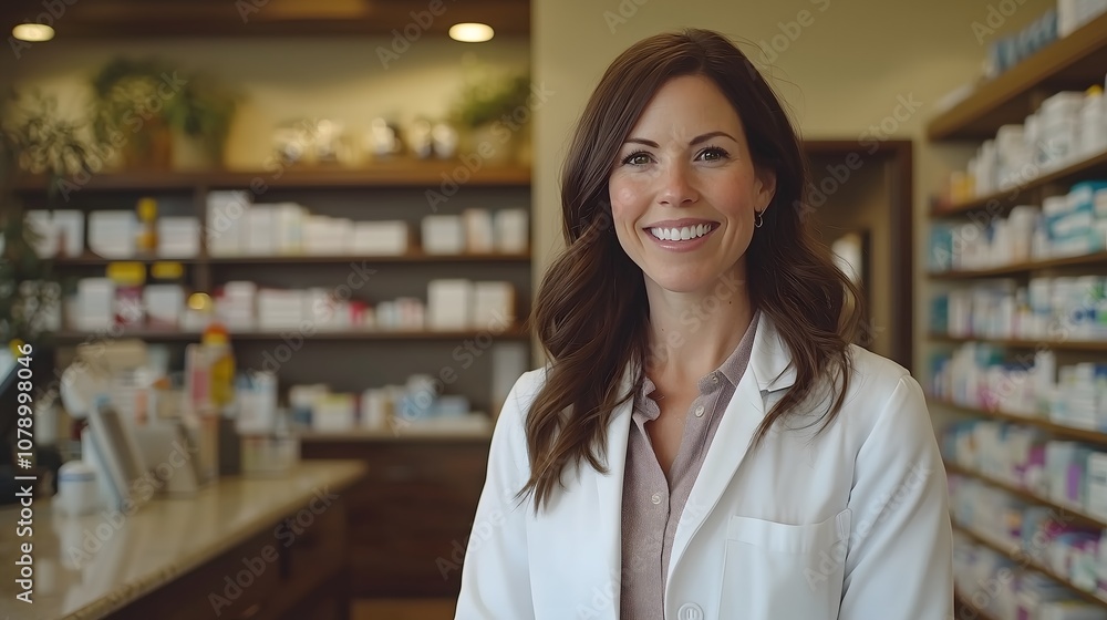 Smiling female pharmacist in a modern pharmacy, Portrait of friendly pharmacist in white coat, Confident pharmacist in a welcoming pharmacy environment Smiling female pharmacist in a modern pharmacy, Portrait of friendly pharmacist in white coat, Confident pharmacist in a welcoming pharmacy environment