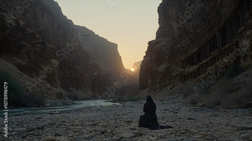 Принти на полотні Sunrise Prayer: A silhouette kneels on rocky ground, facing the rising sun