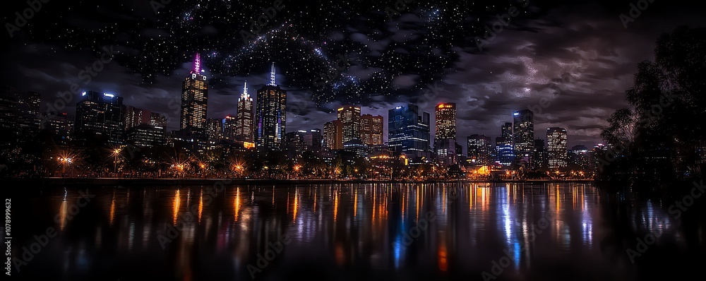 Stunning city skyline glowing with colorful lights beneath a starry night sky. Stunning city skyline glowing with colorful lights beneath a starry night sky.