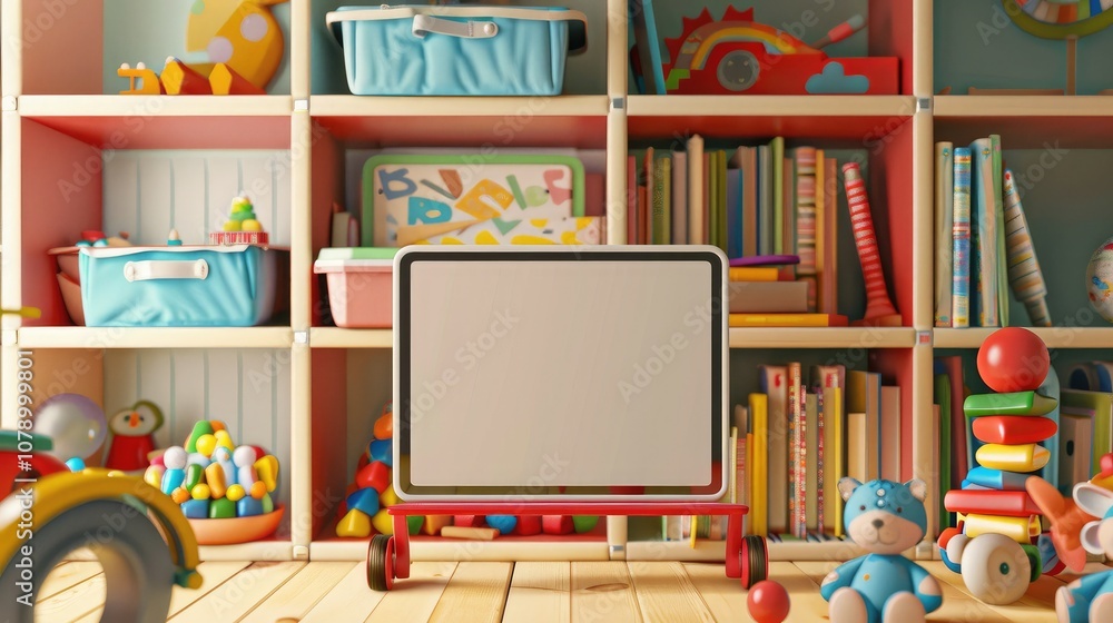 custom made wallpaper toronto digitalA children's playroom with a blank screen on a tablet, toys and books neatly organized on shelves