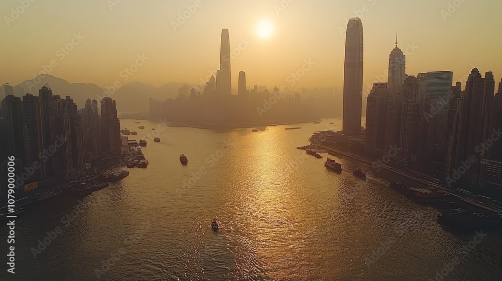 Hong Kong skyline at sunset with harbor and boats. Hong Kong skyline at sunset with harbor and boats.