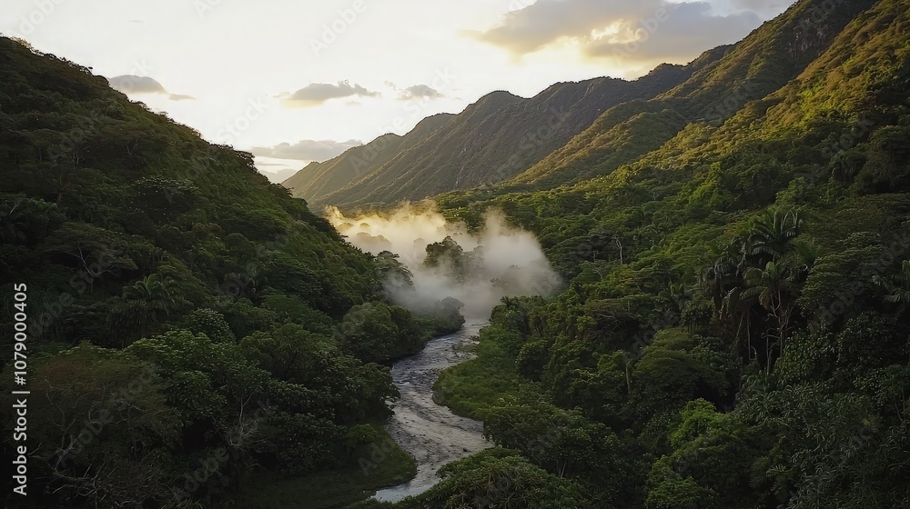 Aerial view of a river winding through a lush, green valley with mist rising in the background. Aerial view of a river winding through a lush, green valley with mist rising in the background.