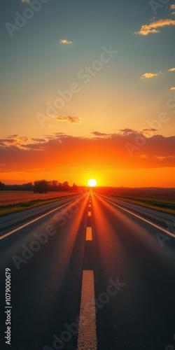 Vibrant sunrise over rural highway with endless asphalt road stretching into horizon, landscape, asphalt