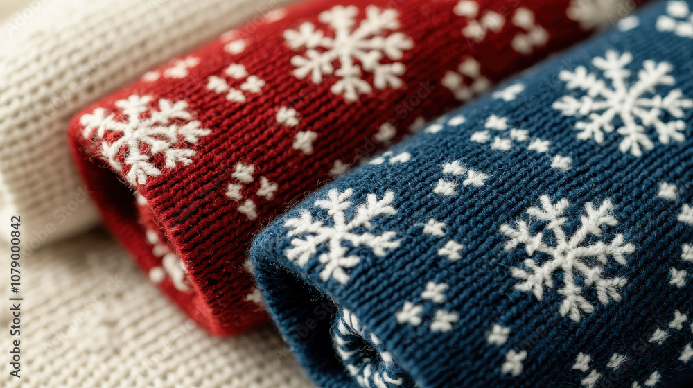 Cozy winter socks with snowflake patterns in red and blue colors, perfect for keeping warm during chilly season Cozy winter socks with snowflake patterns in red and blue colors, perfect for keeping warm during chilly season