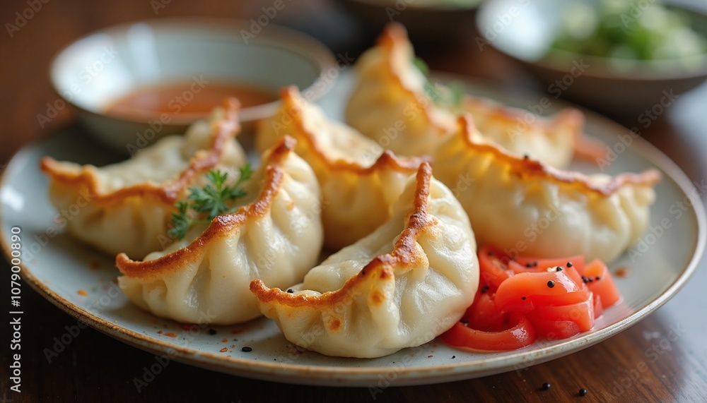 Crispy golden dumplings with dipping sauce for food blogs, restaurant menus, culinary websites, and Asian cuisine promotion Crispy golden dumplings with dipping sauce for food blogs, restaurant menus, culinary websites, and Asian cuisine promotion