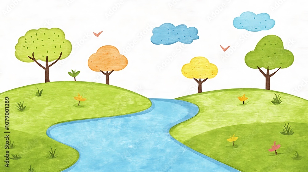 Watercolor illustration of a river flowing through a green landscape with trees and clouds. Watercolor illustration of a river flowing through a green landscape with trees and clouds.