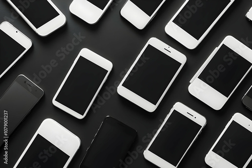 Modern smart phones laying on black surface.