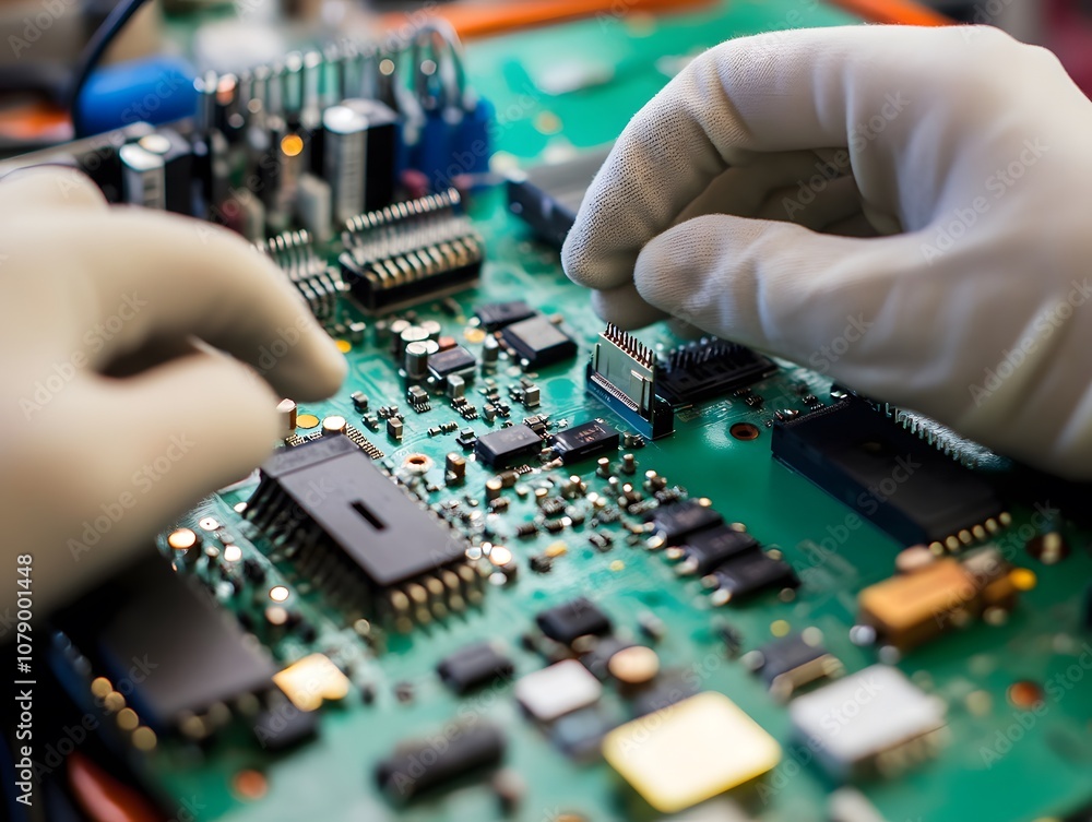 Expert Hands Assembling Electronic Components on Circuit Board with Precision and Care in a Modern Tech Workshop Environment