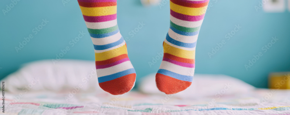 Playful striped socks on feet jumping on bed, joyful atmosphere. vibrant colors and cheerful setting create sense of fun and excitement Playful striped socks on feet jumping on bed, joyful atmosphere. vibrant colors and cheerful setting create sense of fun and excitement