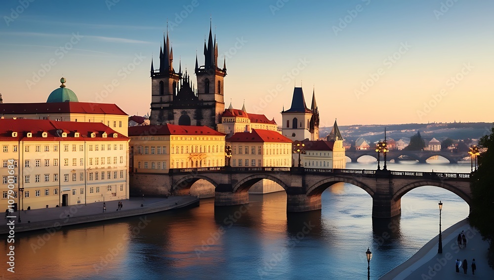 Naklejka premium Sunset View of Prague's Charles Bridge and Old Town Square