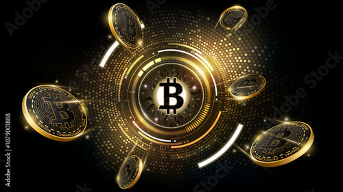 Golden Bitcoin Cryptocurrency Concept with Floating Coins and Digital Technology Background, Highlighting Blockchain and Digital Asset Investment, vector illustration