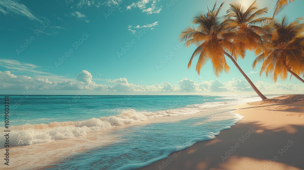 Idyllic tropical beach with palm trees and turquoise water. Idyllic tropical beach with palm trees and turquoise water.